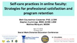 thumnail for Self-care practices in online faculty_Counselman Carpenter_Cummings_Marquart_SWDE2019_final.pdf
