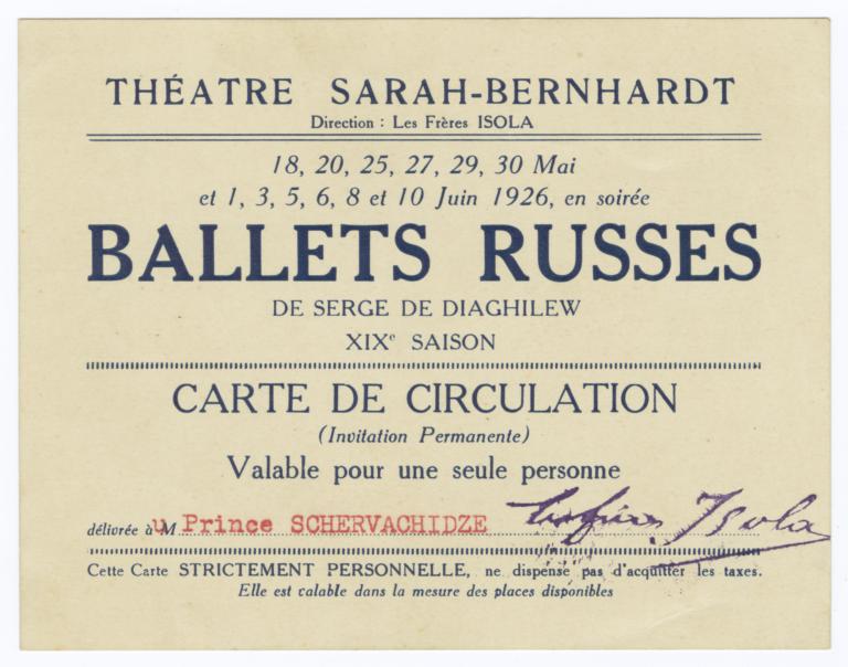 Ballets Russes de Serge de Diaghilew XIXe Saison Carte de Circulation, délivrée à M. Prince Schervachidze