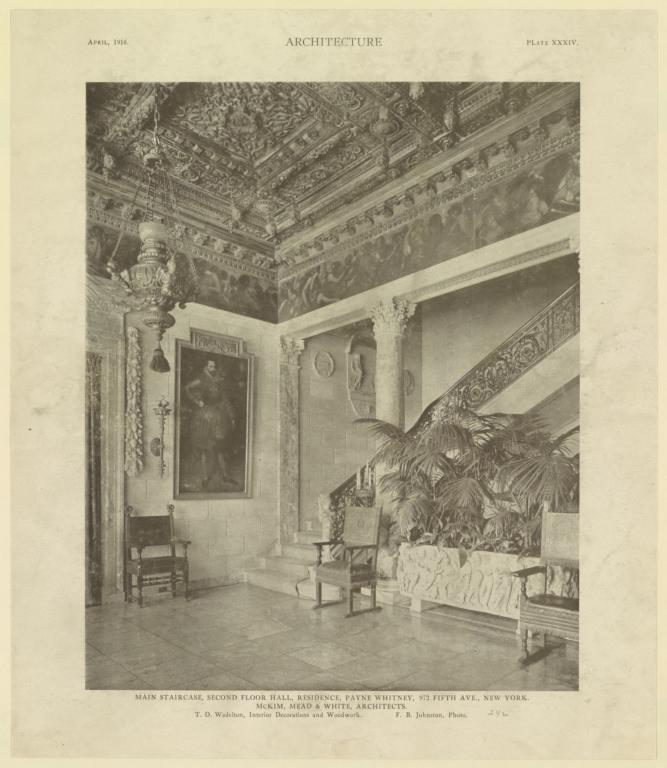 Plate XXXIV. Main staircase, second floor hall, Residence, Payne Whitney, 972 Fifth Ave., New York. McKim, Mead & White, Architects. T. D. Wadelton, Interior Decorations and Woodwork. F. B. Johnston, Photo