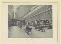View looking West in the larger gallery of paintings in the first museum section in 1899. Size 38' x 110', height 22'. (Two other galleries in the distance.)