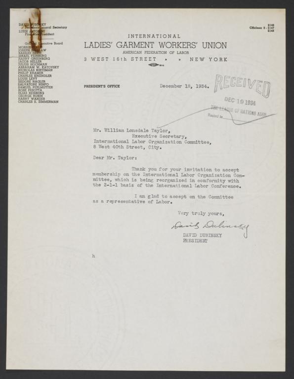 Letter from David Dubinsky to William Lonsdale Taylor