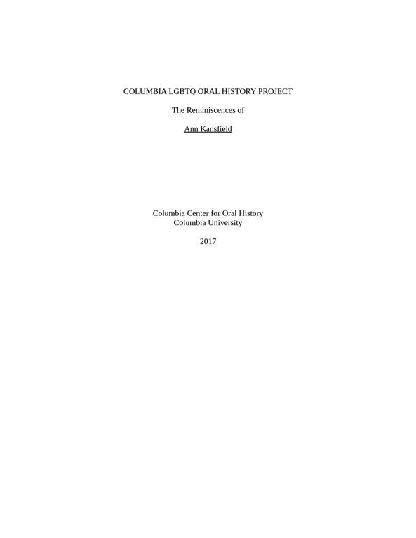 Oral history interview with Ann Kansfield, 2017 - DLC Catalog