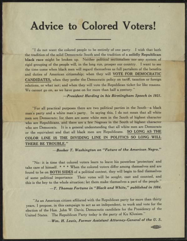 Advice to Colored Voters, circa 1924 : broadside