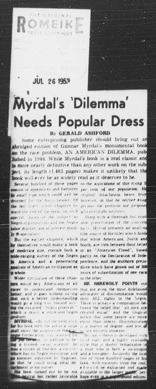 Article, "Myrdal's 'Dilemma' Needs Popular Dress," Gerald Ashford, SAN ANTONIO EXPRESS, July 26, 1953