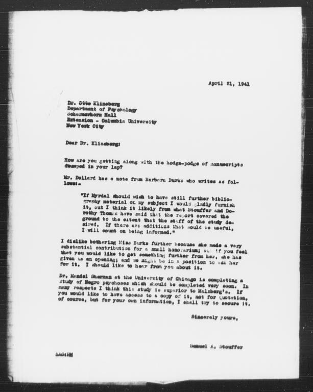 Letter from Samuel A. Stouffer to Otto Klineberg, April 21, 1941