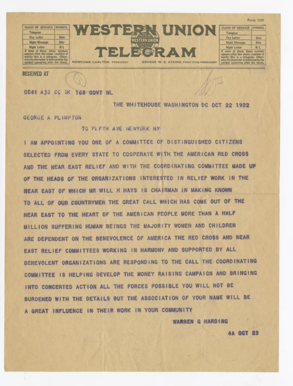 Telegram to George Arthur Plimpton, October 22, 1922