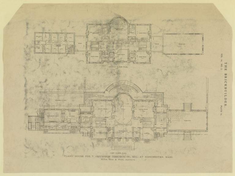 Plate 14. First floor plan. Second floor plan. Plans, House for T. Jefferson Coolidge, Jr., Esq., at Manchester, Mass. McKim, Mead & White, Architects