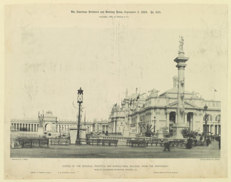 Statue of the Republic, Peristyle and Agricultural Building, from the north-west. World's Columbian Exposition, Chicago, Ill. Daniel C. French, Sculptor. C. B. Atwood, Architect. McKim, Mead & White, Architect