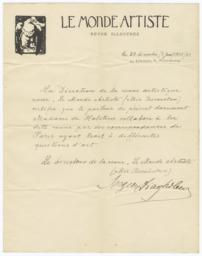 Affidavit about Work by Madame de Holstein for Le Monde Artiste