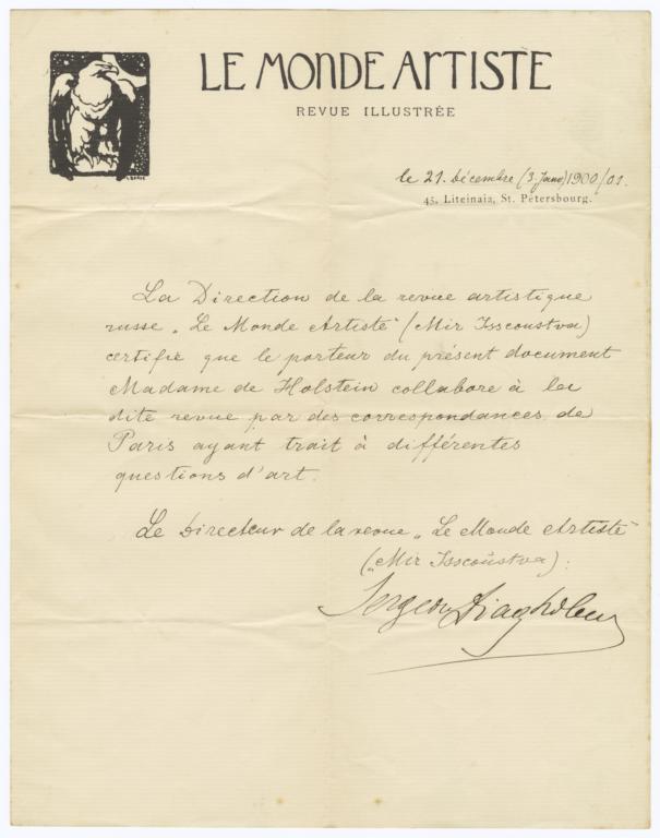Affidavit about Work by Madame de Holstein for Le Monde Artiste