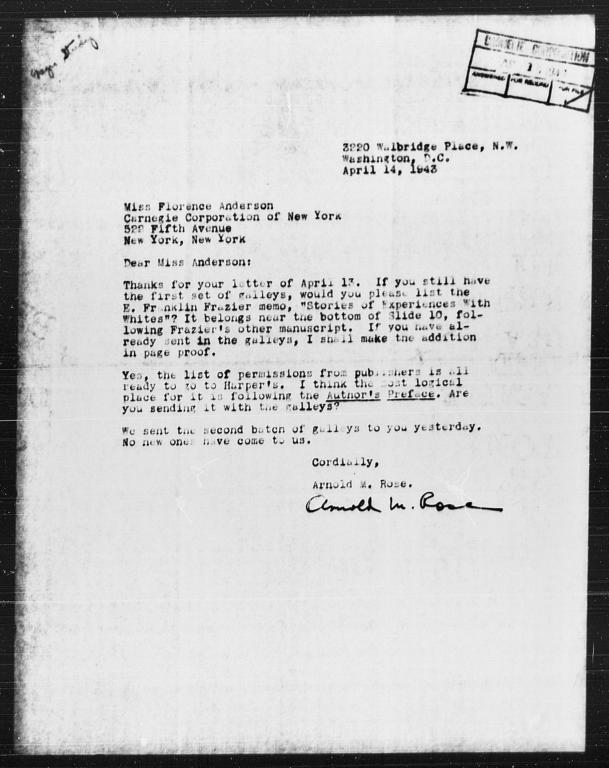Letter from Arnold M. Rose to Florence Anderson, April 14, 1943