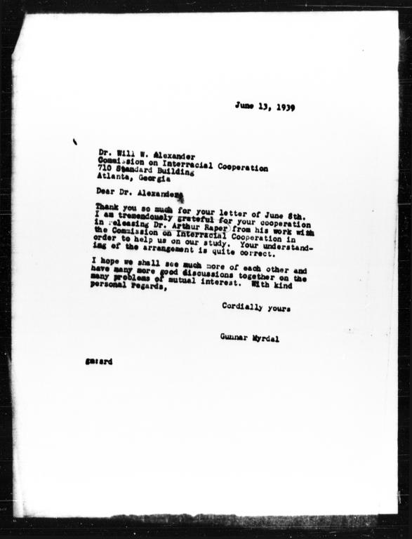 Letter from Gunnar Myrdal to Will W. Alexander, June 13, 1939