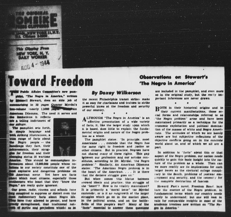 Article by Doxey A. Wilkerson on Maxwell Stewart's pamphlet summarizing the findings of AN AMERICAN DILEMMA, DAILY WORKER, August 4, 1944
