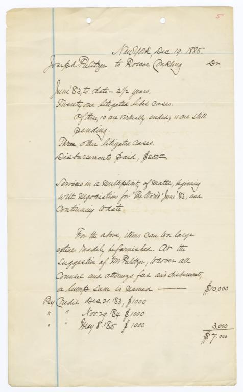 Manuscript Account For Legal Services Rendered By Roscoe Conkling To Joseph Pulitzer