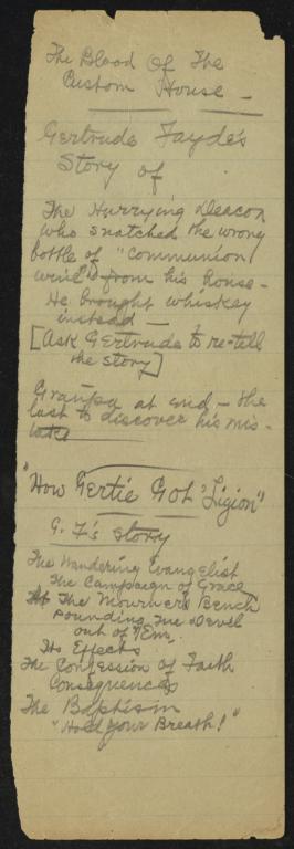 Blood of the Custom House : notes regarding Gertrude Fayde, undated : autograph manuscript