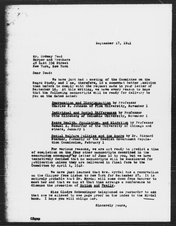Letter from Charles Dollard to Ordway Tead, September 17, 1941