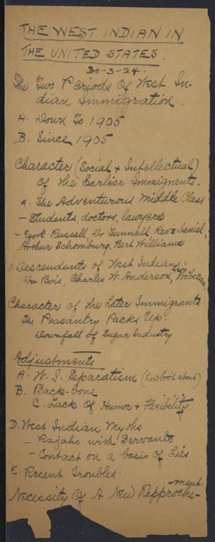 West Indian in the United States, 30 March 1924 : autograph manuscript notes