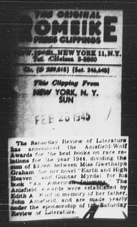 Article on Gunnar Myrdal's Anisfield-Wolf Award for AN AMERICAN DILEMMA, THE SUN, New York, February 28, 1945