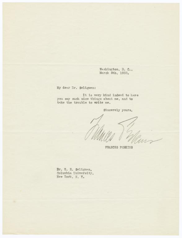 Letter from Frances Perkins to Edwin Seligman