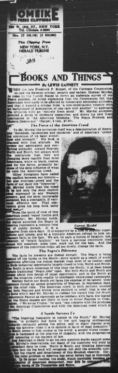 Article by Lewis Gannett on AN AMERICAN DILEMMA, NEW YORK HERALD TRIBUNE, January 26, 1944