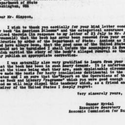 Letter from Gunnar Myrdal t...