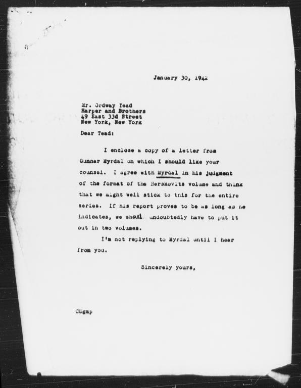 Letter from Charles Dollard to Ordway Tead, January 30, 1942