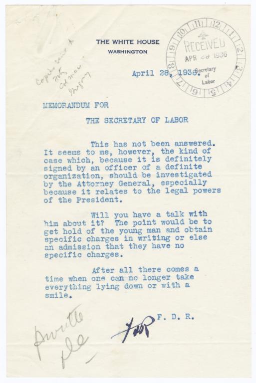 President Franklin Delano Roosevelt letter to Frances Perkins about United American Mechanics State Council of Maryland