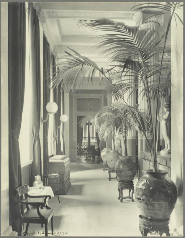 [University Club, interior with potted palms]