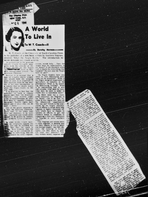Article by Dorothy Norman on W.T. Couch's WHAT THE NEGRO WANTS, "A World To Live In," NEW YORK POST, December 6, 1944