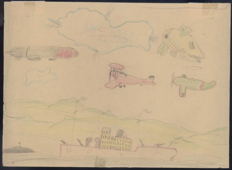 Two Blimps Flying Over A Green Plane (panzer), Pursuing A Red (mosca) One, And A Ship Below
