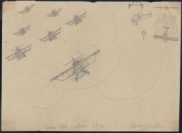 Air Battle With 7 Planes (moscas) On The Left, Two (panzers) On The Right, One In Flames And A Parachute