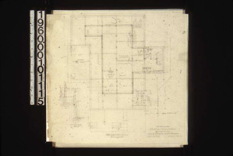 Foundation plan; detail drawings -- secton A-A through footings\, footings for long posts : Sheet no. 1.