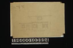 Garage -- west elevation\, elevations and perspective sketch of beams