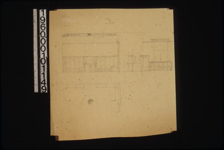 Details of bookcases and stereo relief in library -- elevation with section through seat\, section through desk &cupboard\, elevation of front of seat\, plan of bookcases\, reflected ceiling plan of center piece of stereo relief