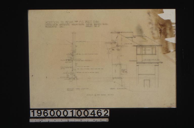 Section thro' living rm. chimney\, partial west elevation : Sheet no. 5.
