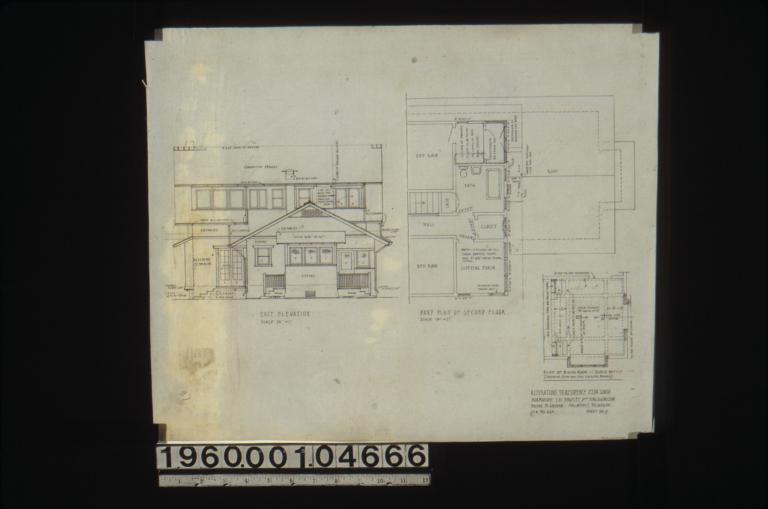East elevation\, part plan of second floor\, plan of dining room (showing new and old ceiling beams) : Sheet no. 3.