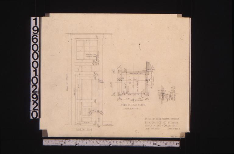 Detail of dumbwaiter -- elevation of north side of enclosure\, plan at first floor\, section A-A showing iron sill : Sheet no. 7.