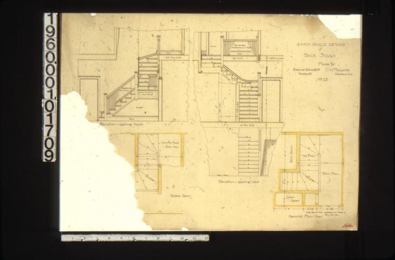 1/2 inch scale details of back stairs -- elevation looking south\, plan\, elevation looking west\, second floor plan : No. 23.