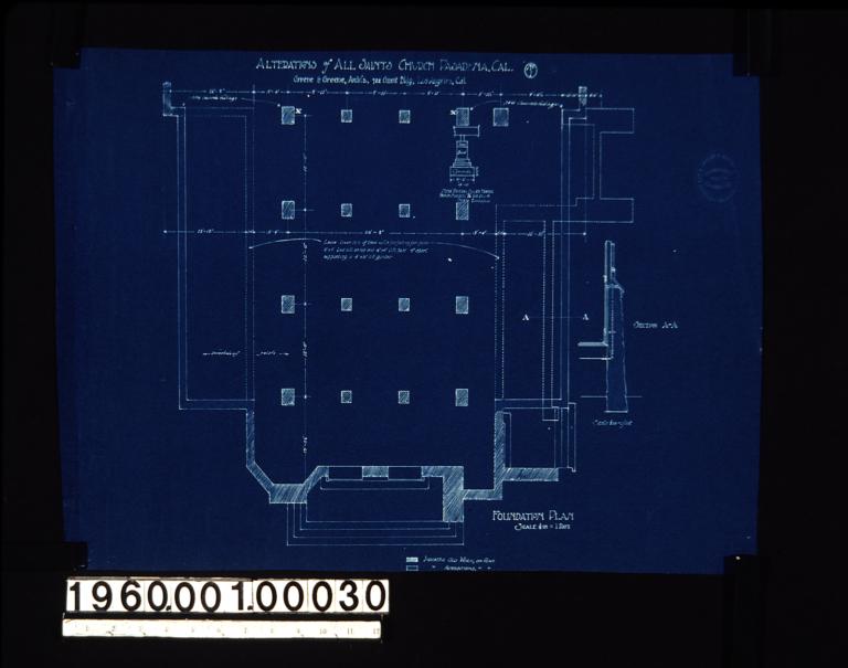 Foundation plan of vestibule end of church; two sections through foundation : No.1. (2)