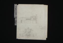 Section through house; section showing elevation of east side of bedrm. #4; dining room details -- north side\, east side\, south side; unidentified rough sketches