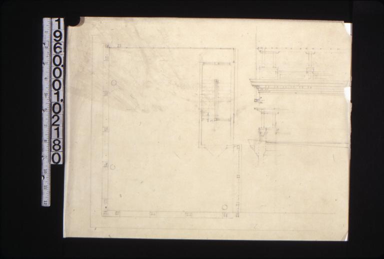 Plan of lodge room in third floor?\, elevation and section through cornice showing structure on roof