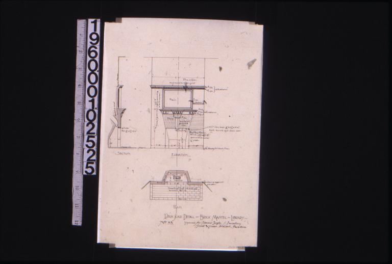 1/2 inch scale detail of brick mantel in library -- section\, elevation\, plan : No. 33.