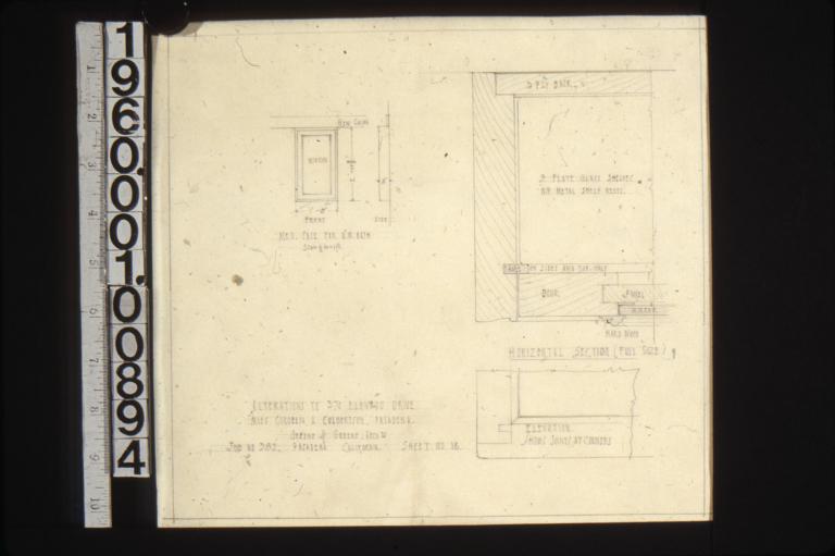 Medicine case for N.W. bath -- front and side elevations\, horizontal section (full size)\, elevation which shows joints at corners : Sheet no. 18.