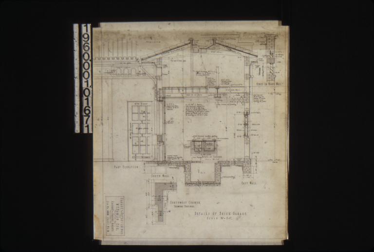 Details of brick garage -- part elevation; sections through south wall and east wall; details of sandbox and pit; plan of southwest corner showing footings; section through vents in north wall : Sheet no. 3.