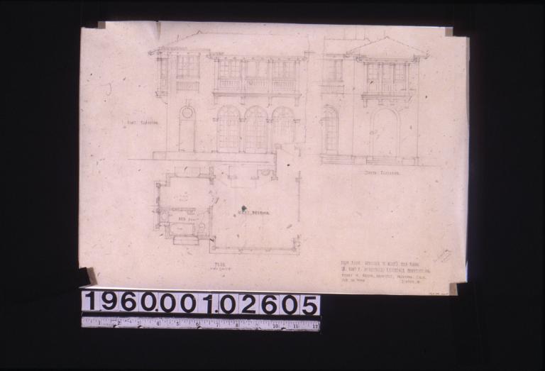 Bathroom addition to Alice's bedroom -- plan\, east elevation and south elevation of exterior scheme 5.