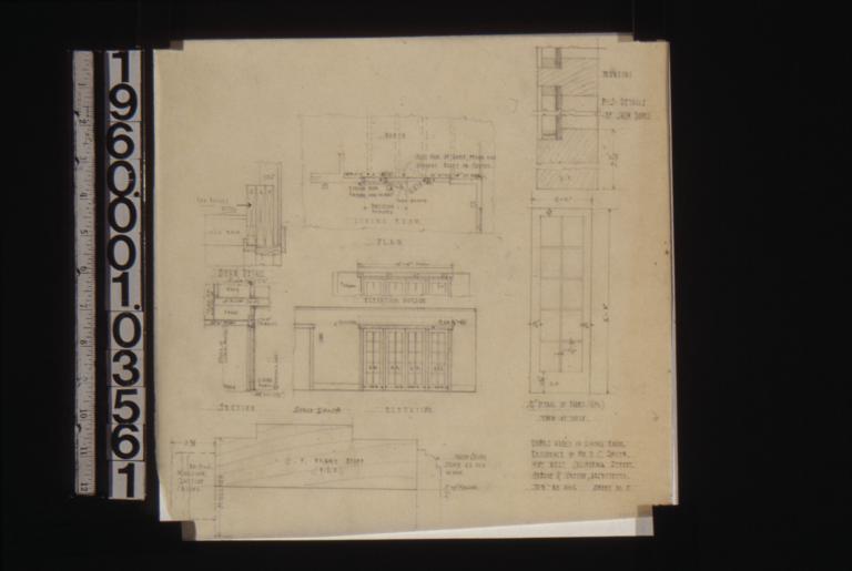 Doors added in living room -- beam detail (see revised detail)\, section\, elevation\, elevation outside\, plan\, 3/4" detail of doors (two of these)\, full size details : Sheet no. 5.