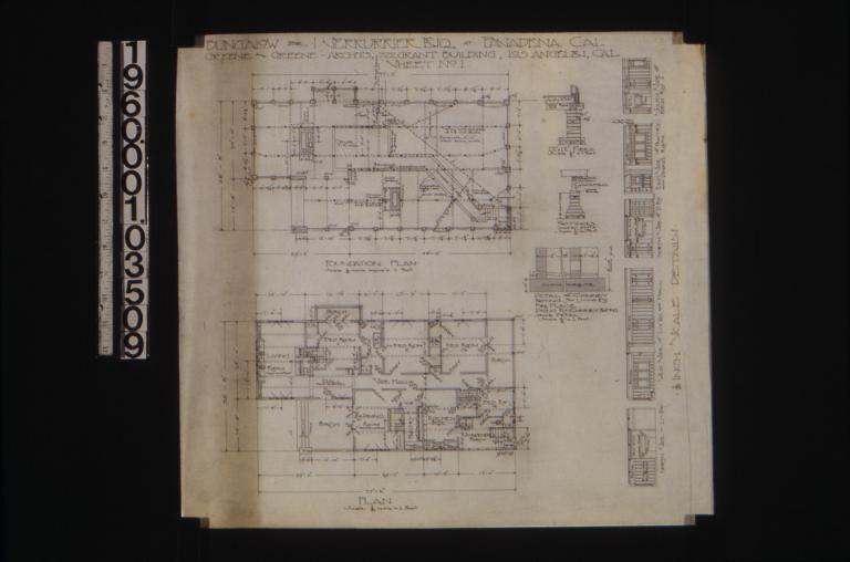 Foundation plan; main floor plan; detail of chimney footing for living rm. fireplace (dining rm. chimney footing same detail); detail drawings of piers and footings; interior elevations -- north side in liv. rm\, west side of liv. rm. and hall\, north side of dining rm\, east side of pantry and dining room\, south side of bedrm. 1 : Sheet no. 1.