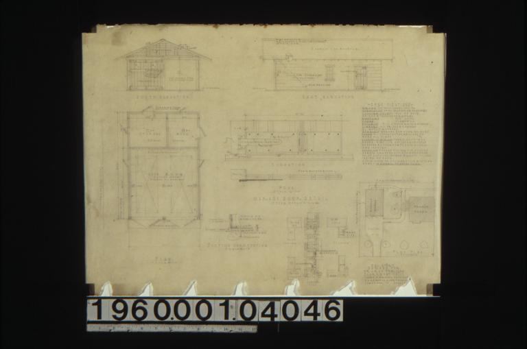 One story garage -- south elevation; east elevation; plan; section thru footing; garage door detail (other doors similar) -- elevation\, plan; window detail in section and elevations; plot plan : Sheet no. [5].
