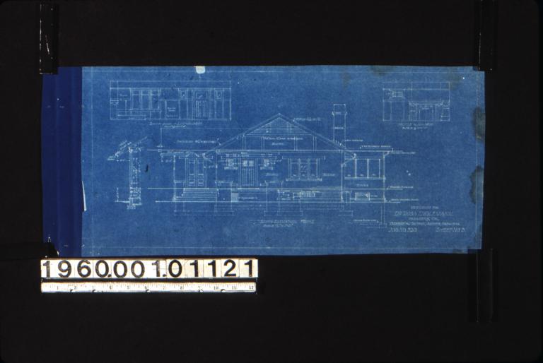 South elevation (front) with section through wall; elevations of south side of living r'm and mantel in lving r'm : Sheet no. 3.