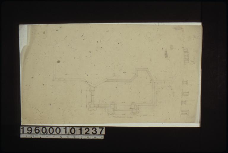 Foundation plan of entrance\, unidentified detail sketches